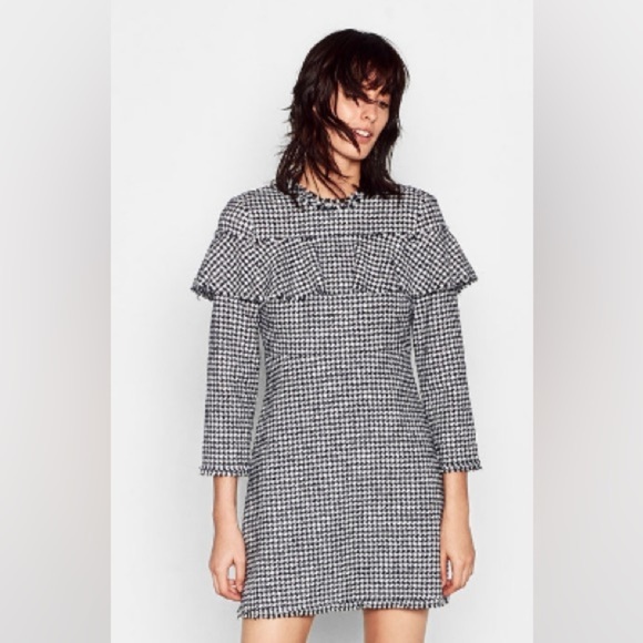 Zara Dresses & Skirts - Zara Ruffle Top Tweed Classic Houndstooth Flare Dress XS